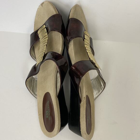Ros Hommerson Sandals 9 M Brown Tortoise Patent Leather Gold Trim Open Toe Wedge - Picture 7 of 9